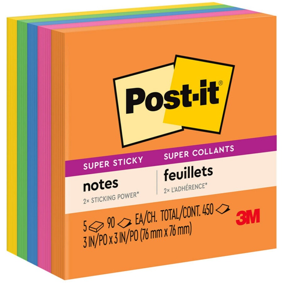 Post-it®, Super Sticky Notes - Energy Boost Color Collection - 450 - 3" Flag/Note Width x 3" Flag/Note Length - Square - 90 Sheets per Pad - Unruled - Vital Orange, Tropical Pink, Sunnyside, Blue Paradise, Limeade - Paper - Self-adhesive - 5 / Pack