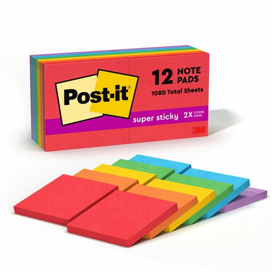 Post-it®, Super Sticky Notes - Playful Primaries Color Collection - 1080 - 3" Flag/Note Width x 3" Flag/Note Length - Square - 90 Sheets per Pad - Unruled - Candy Apple Red, Vital Orange, Sunnyside, Lucky Green, Blue Paradise, Iris Infusion - Paper...