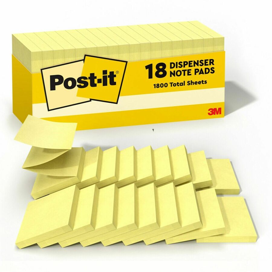 Post-it®, Dispenser Notes - 1620 - 3" Flag/Note Width x 3" Flag/Note Length - Square - 90 Sheets per Pad - Unruled - Canary Yellow - Paper - Self-adhesive, Removable - 18 / Pack