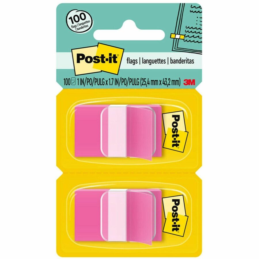 Post-it®, Flags - 100 x Bright Pink - 1" Flag/Note Width x 1 3/4" Flag/Note Length - Rectangle - Unruled - Pink - Removable, Self-adhesive - Dispenser Included - 100 / Pack