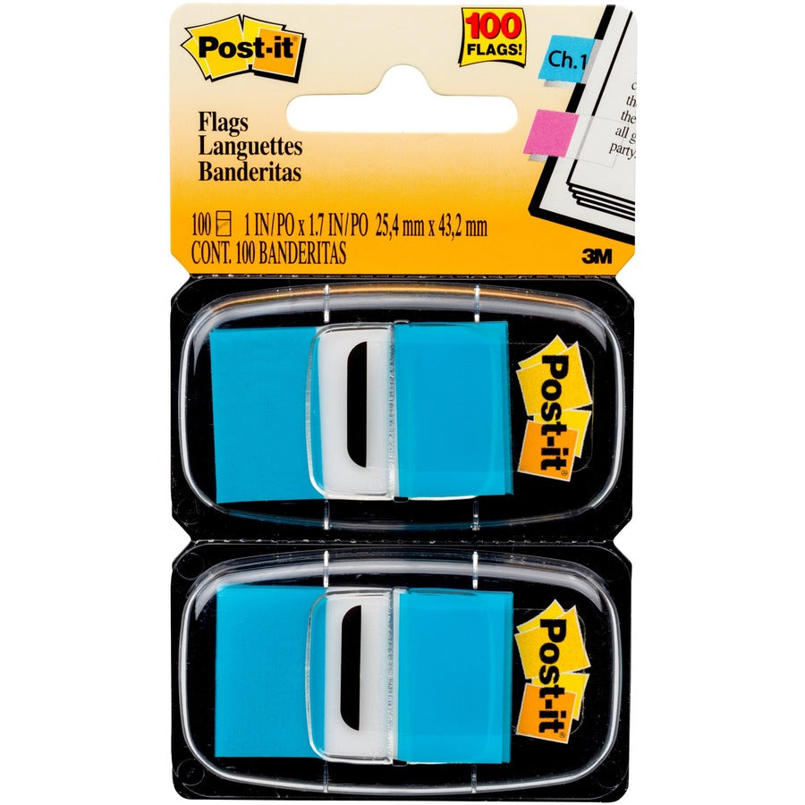 Post-it®, Flags - 100 x Bright Blue - 1" Flag/Note Width x 1 3/4" Flag/Note Length - Rectangle - Blue - Removable, Self-adhesive - Dispenser Included - 100 / Pack