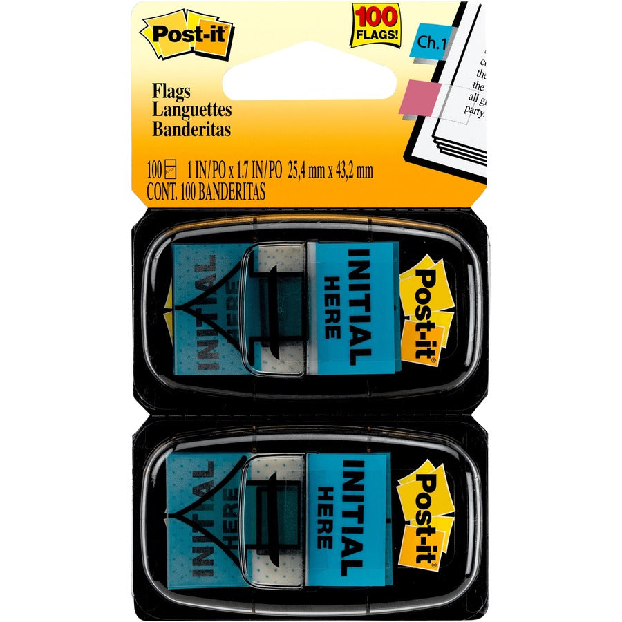 Post-it®, Message Flags - 100 - 1" Flag/Note Width x 1 3/4" Flag/Note Length - Arrow, Rectangle - Unruled - Initial Here - Blue - Removable, Self-adhesive - Dispenser Included - 100 / Pack