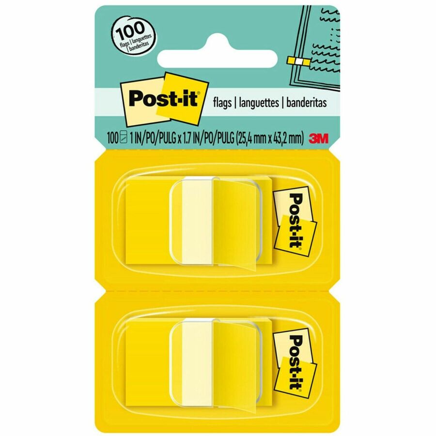 Post-it®, Flags - 100 x Yellow - 1" Flag/Note Width x 1 3/4" Flag/Note Length - Rectangle - Unruled - Yellow - Removable, Self-adhesive - Dispenser Included - 100 / Pack