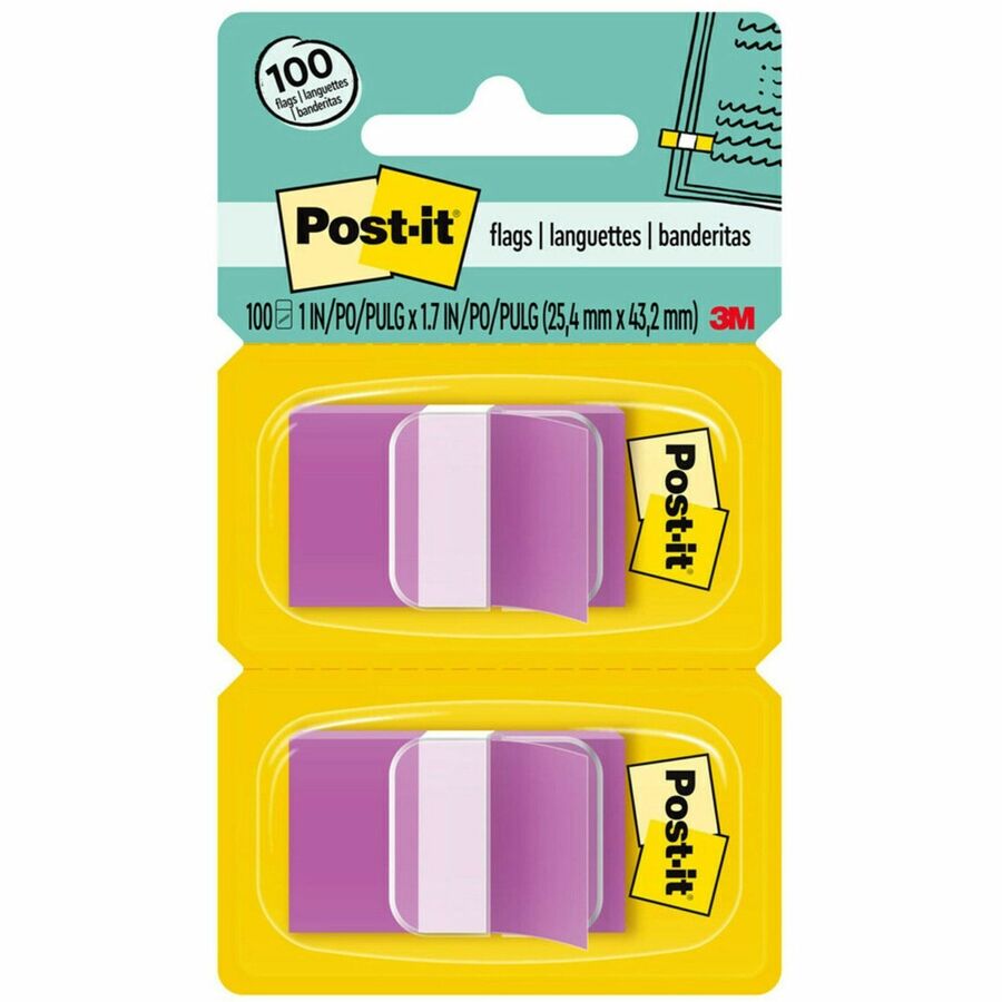 Post-it®, Flags - 100 - 1" Flag/Note Width x 1 3/4" Flag/Note Length - Rectangle - Unruled - Purple - Removable, Self-adhesive - Dispenser Included - 100 / Pack