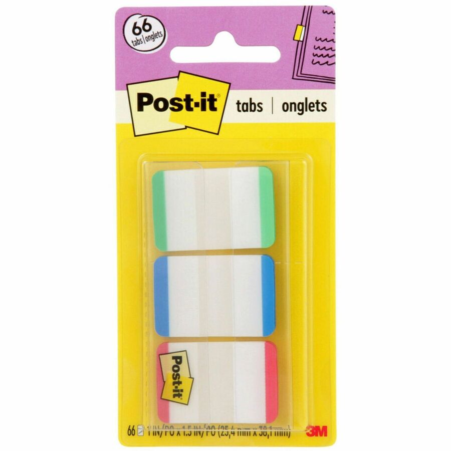 Post-it®, Durable Tabs - 1.50" Tab Height x 1" Tab Width - Green, Red, Blue Tab(s) - Repositionable - 66 / Pack