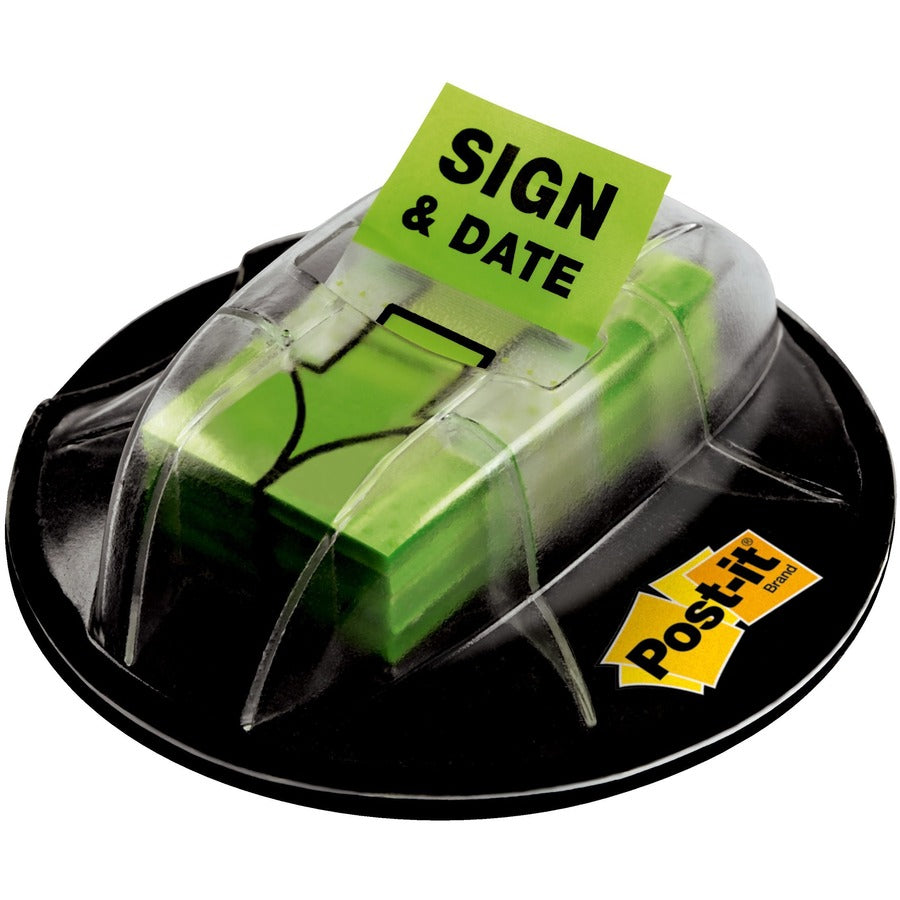 Post-it®, Message Flags - 200 x Bright Green - 1" Flag/Note Width x 1 3/4" Flag/Note Length - Arrow, Rectangle - Unruled - Sign & Date - Green - Removable, Self-adhesive - Dispenser Included - 200 / Pack