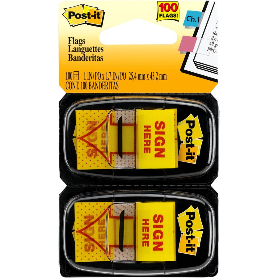 Post-it®, Message Flags - 100 x Yellow - 1" Flag/Note Width x 1 3/4" Flag/Note Length - Arrow, Rectangle - Unruled - SIGN HERE - Yellow - Removable, Self-adhesive - Dispenser Included - 100 / Pack