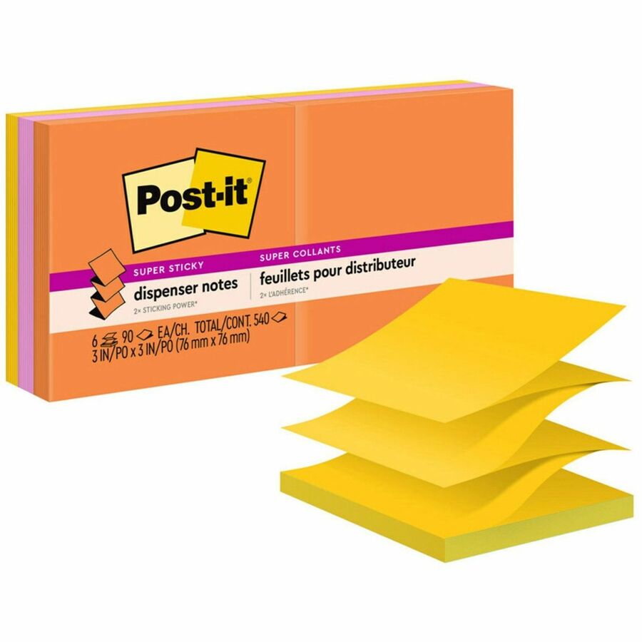 Post-it®, Super Sticky Dispenser Notes - Energy Boost Color Collection - 540 - 3" Flag/Note Width x 3" Flag/Note Length - Square - 90 Sheets per Pad - Unruled - Vital Orange, Tropical Pink, Sunnyside - Paper - Self-adhesive, Repositionable - 6 / Pack
