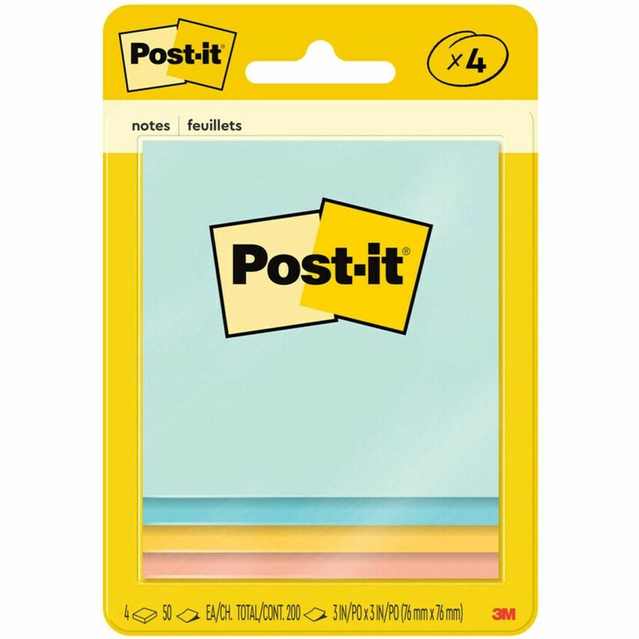 Post-it®, Notes Original Notepads -Beachside Café, Color Collection - 200 - 3" Flag/Note Width x 3" Flag/Note Length - Square - 50 Sheets per Pad - Unruled - Fresh Mint, Aqua Splash, Sunnyside, Papaya Fizz - Paper - Self-adhesive - 1 Pack