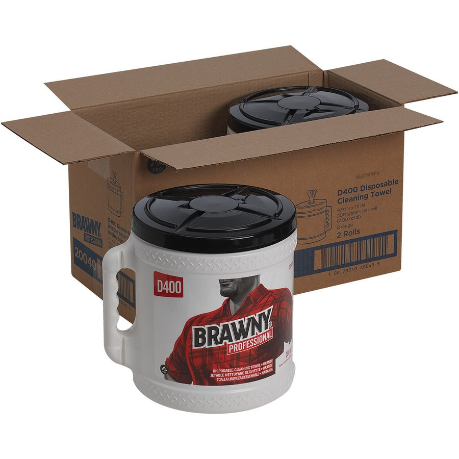 Brawny®, Professional D400 Disposable Cleaning Towels With Bucket - 9.90" Width x 13" Length - 200 Sheets/Roll - Orange - 2 / Carton