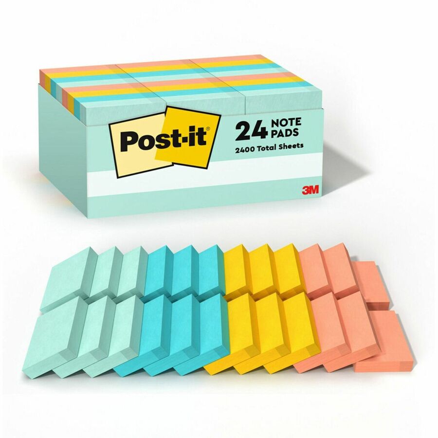 Post-it®, Notes Value Pack - Beachside Café, Color Collection - 2400 - 1 1/2" Flag/Note Width x 2" Flag/Note Length - Rectangle - Unruled - Fresh Mint, Aqua Splash, Sunnyside, Papaya Fizz - Paper - Self-adhesive, Repositionable - 24 / Pack