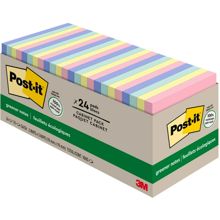 Post-it®, Greener Notes Cabinet Pack - Sweet Sprinkles Color Collection - 1800 x Assorted - 3" Flag/Note Width x 3" Flag/Note Length - Square - 75 Sheets per Pad - Unruled - Positively Pink, Canary Yellow, Fresh Mint, Moonstone - Paper - Repositiona...