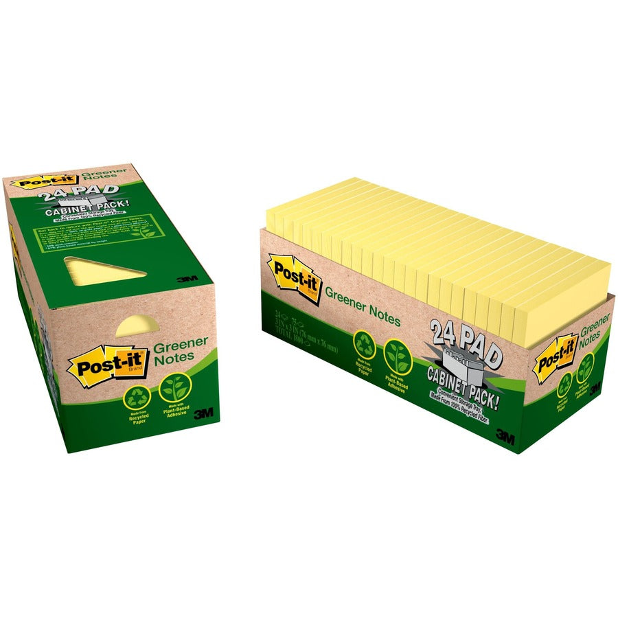 Post-it®, Greener Notes Cabinet Pack - 1800 - 3" Flag/Note Width x 3" Flag/Note Length - Square - 75 Sheets per Pad - Unruled - Canary Yellow - Paper - Self-adhesive, Repositionable - Recycled - 1 Pack