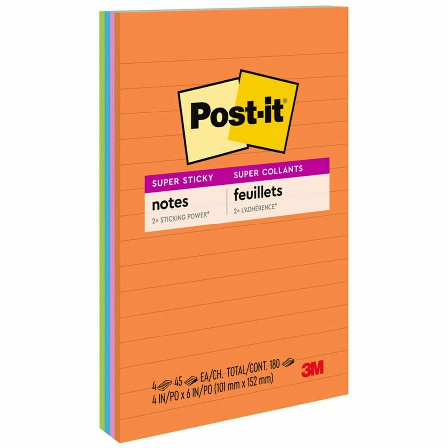Post-it®, Super Sticky Notes - Energy Boost Color Collection - 180 - 4" Flag/Note Width x 6" Flag/Note Length - Rectangle - 45 Sheets per Pad - Ruled - Vital Orange, Tropical Pink, Blue Paradise, Limeade - Paper - Self-adhesive, Repositionable - 1 Pack