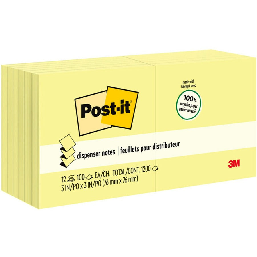 Post-it®, Greener Dispenser Notes - 1200 - 3" Flag/Note Width x 3" Flag/Note Length - Square - 100 Sheets per Pad - Unruled - Yellow - Paper - Self-adhesive, Repositionable, Non-smearing - Recycled - 12 / Pack