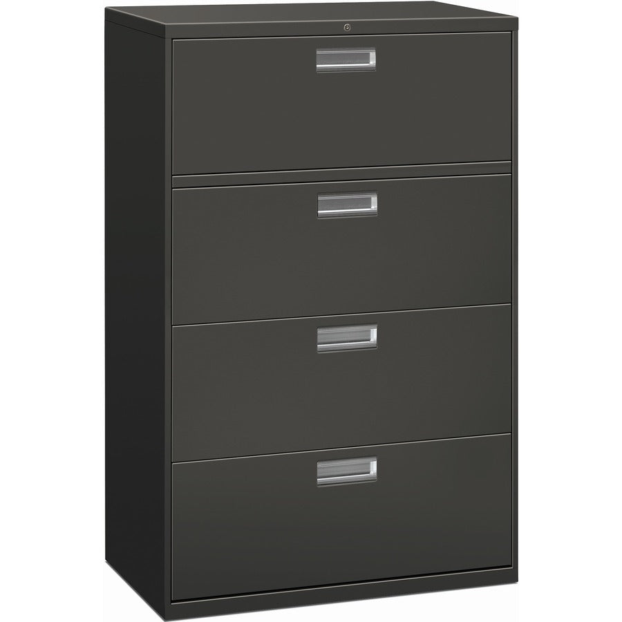 HON Brigade 600 H684 Lateral File - 53.3" Height x 36" Width x 18" Depth - Total Drawer(s): 4 - Finish: Charcoal - Lockable, Glide, Removable Lock, Heavy Duty, Interlocking - For File Storage, Workstation, Office, Desk - 1 Each