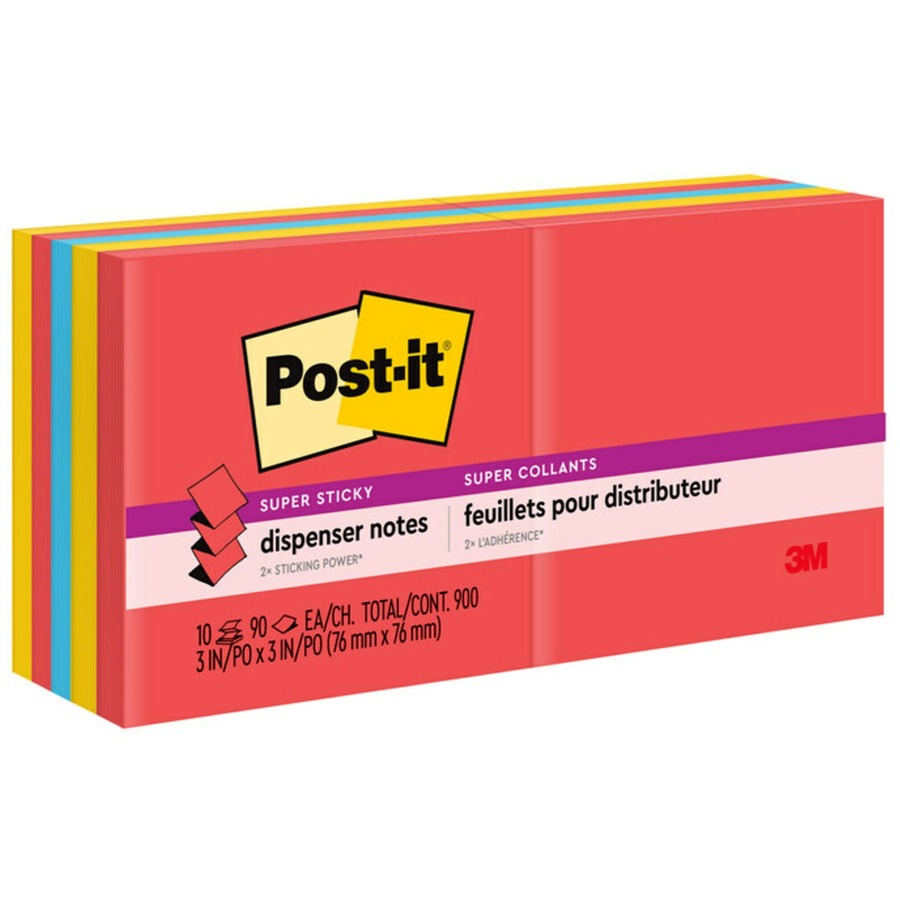 Post-it®, Super Sticky Dispenser Notes - Playful Primaries Color Collection - 900 - 3" Flag/Note Width x 3" Flag/Note Length - Square - 90 Sheets per Pad - Unruled - Candy Apple Red, Blue Paradise, Sunnyside - Paper - Self-adhesive, Repositionable...