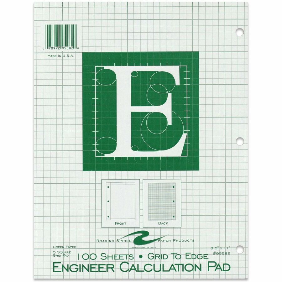 Roaring Spring 5x5 Grid Engineering Pad - 100 Sheets - 200 Pages - Printed - Glued - Back Ruling Surface - 3 Hole(s) - 15 lb Basis Weight - 56 g/m², Grammage - Letter - 11" x 8 1/2" Sheet Size - 0.33" Height x 8.5" Width x 11" Length - Green Paper...