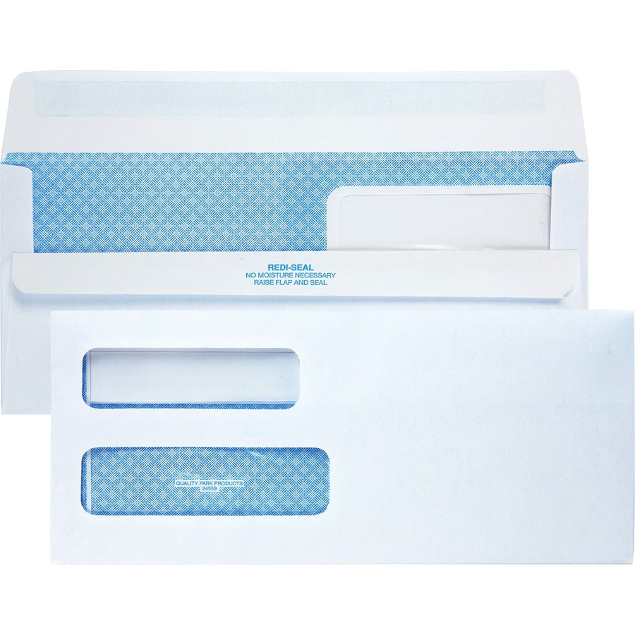 Quality Park No. 10 Double Window Security Tint Business Envelopes with Self-Seal Closure - Security - #10 - 4 1/8" Width x 9 1/2" Length - 24 lb - Gummed - White - Wove - 500 / Box