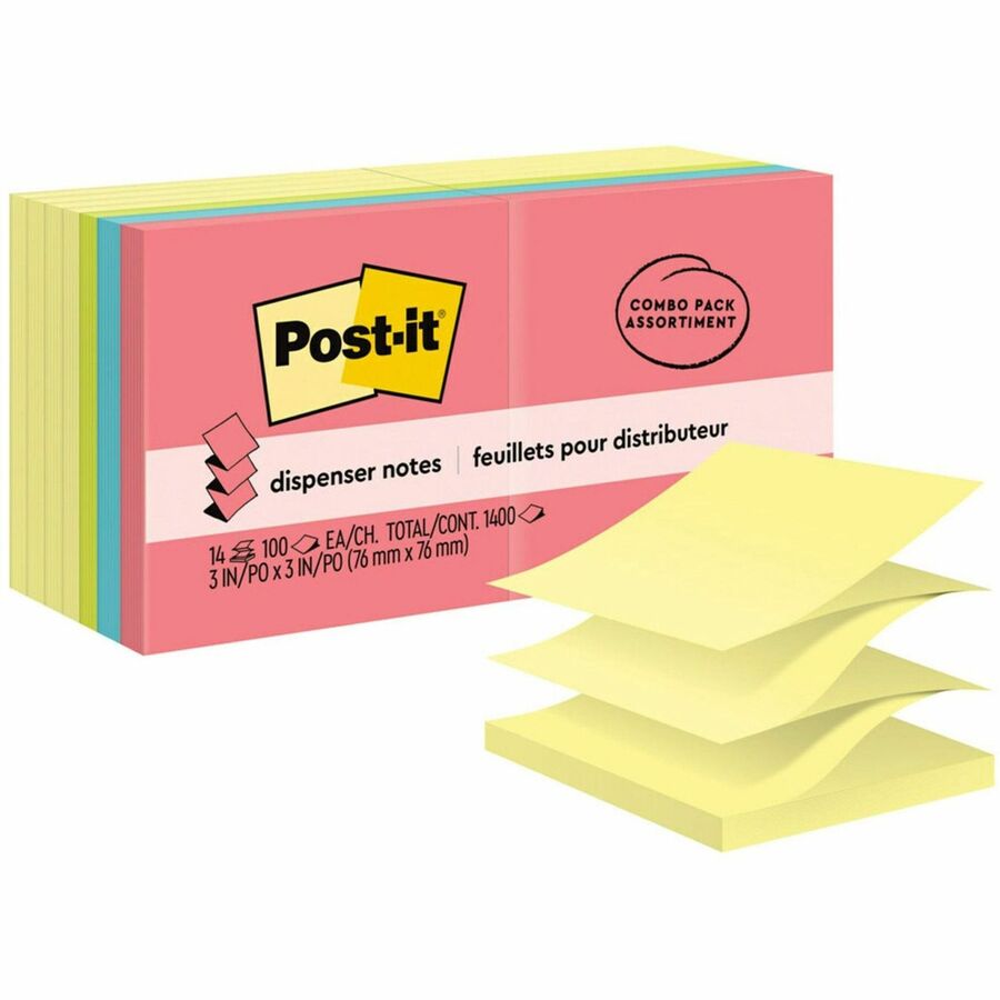 Post-it®, Dispenser Notes - Poptimistic Color Collection and Canary Yellow - 1400 - 3" Flag/Note Width x 3" Flag/Note Length - Square - 100 Sheets per Pad - Unruled - Pink, Blue, Green, Yellow - Paper - Self-adhesive, Repositionable - 14 / Pack