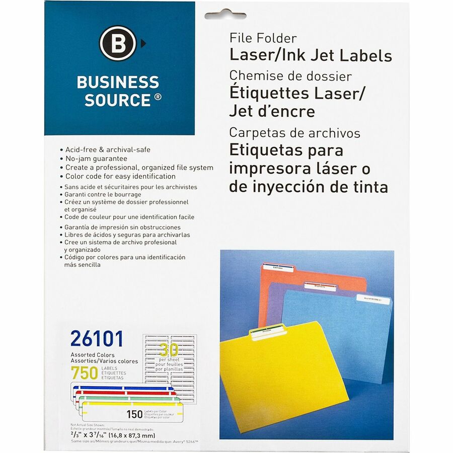 Business Source Laser/Inkjet File Folder Labels - 21/32" Width x 3 7/16" Length - Permanent Adhesive - Rectangle - Laser, Inkjet - Assorted - 30 / Sheet - 750 / Pack