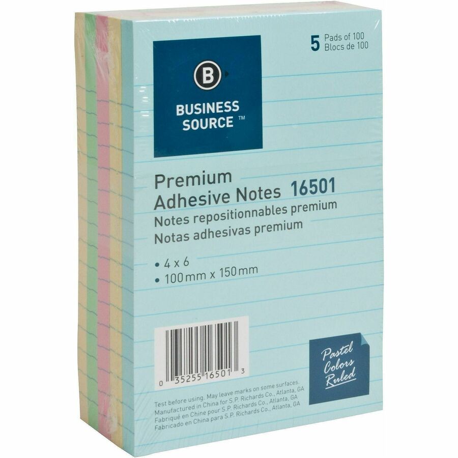 Business Source Ruled Adhesive Notes - 4" Flag/Note Width x 6" Flag/Note Length - Square - Ruled - Pastel - Self-adhesive, Solvent-free Adhesive - 5 / Pack
