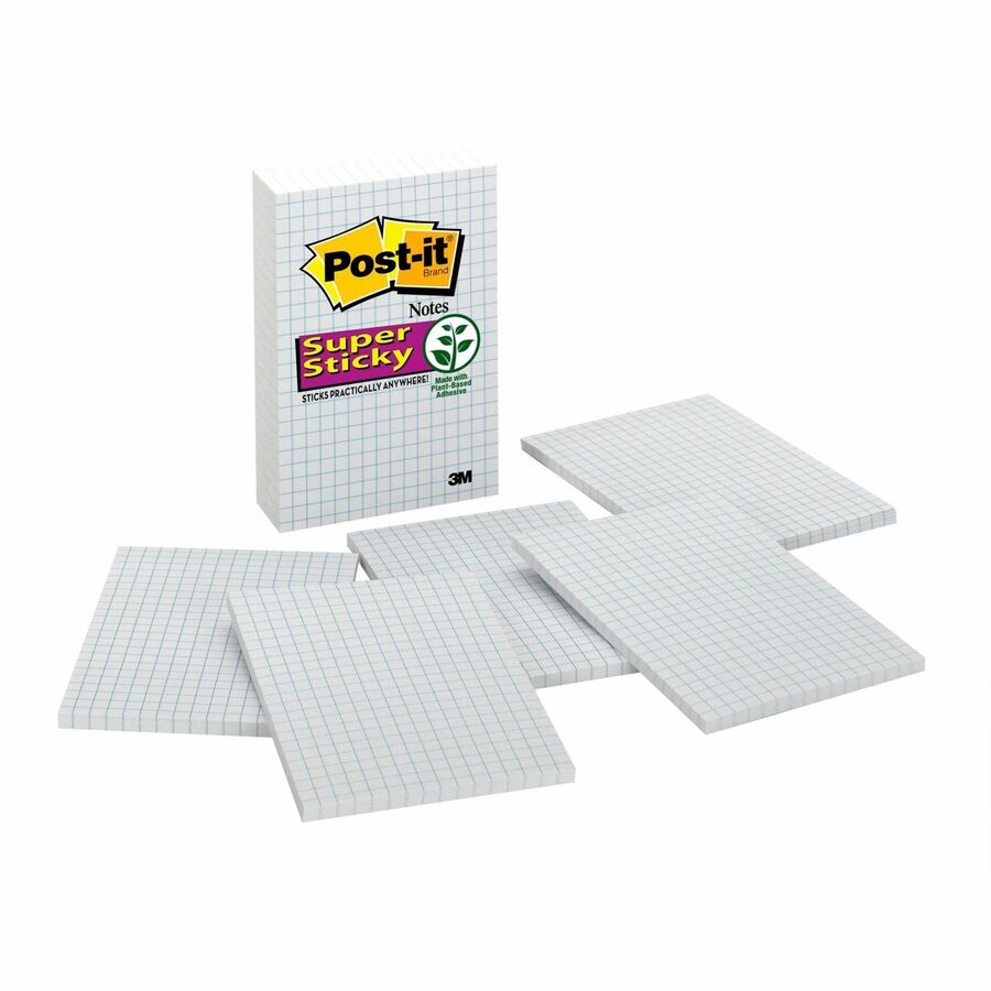 Post-it®, Grid-Lined Notes - 600 x White - 4" Flag/Note Width x 6" Flag/Note Length - Rectangle - 50 Sheets per Pad - Grid - White - Paper - Self-adhesive, Repositionable - 6 / Pack