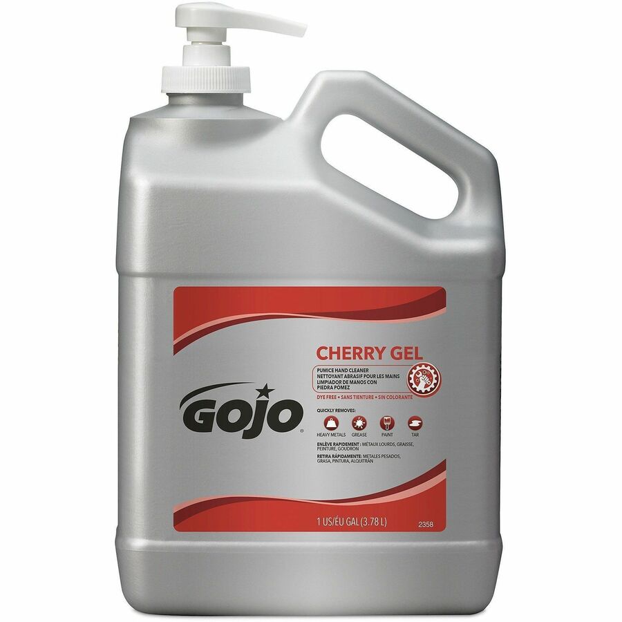 Gojo®, Cherry Gel Pumice Hand Cleaner - Cherry Scent - 1 gal - Pump Bottle Dispenser - Dirt Remover, Grease Remover, Oil Remover, Paint Remover, Tar Remover - Red - Heavy Duty, pH Balanced, Pleasant Scent - 1 Each