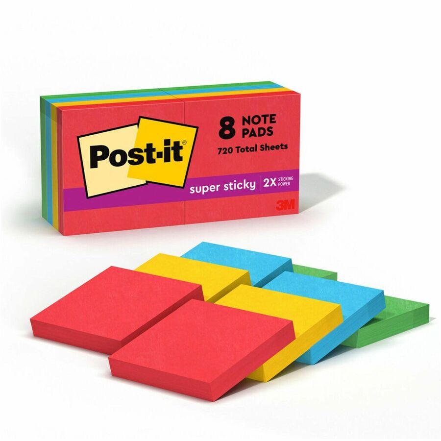 Post-it®, Super Sticky Notes - Playful Primaries Color Collection - 720 - 1 7/8" Flag/Note Width x 1 7/8" Flag/Note Length - Square - 90 Sheets per Pad - Unruled - Candy Apple Red, Sunnyside, Lucky Green, Blue Paradise - Paper - Self-adhesive - 8 /...