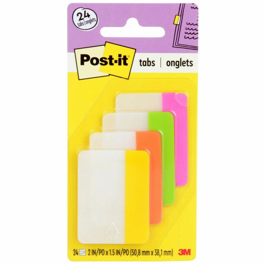 Post-it®, Dividing Tabs - Write-on Tab(s) - 1.50" Tab Height x 2" Tab Width - Yellow, Orange, Green, Pink Tab(s) - Durable, Repositionable, Wear Resistant - 24 / Pack