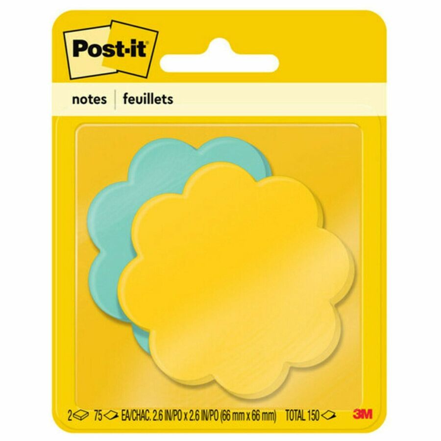 Post-it®, Super Sticky Die-Cut Notes - 150 x Assorted - 3" Flag/Note Width x 3" Flag/Note Length - Daisy - Yellow, Blue - Self-adhesive - 2 / Pack