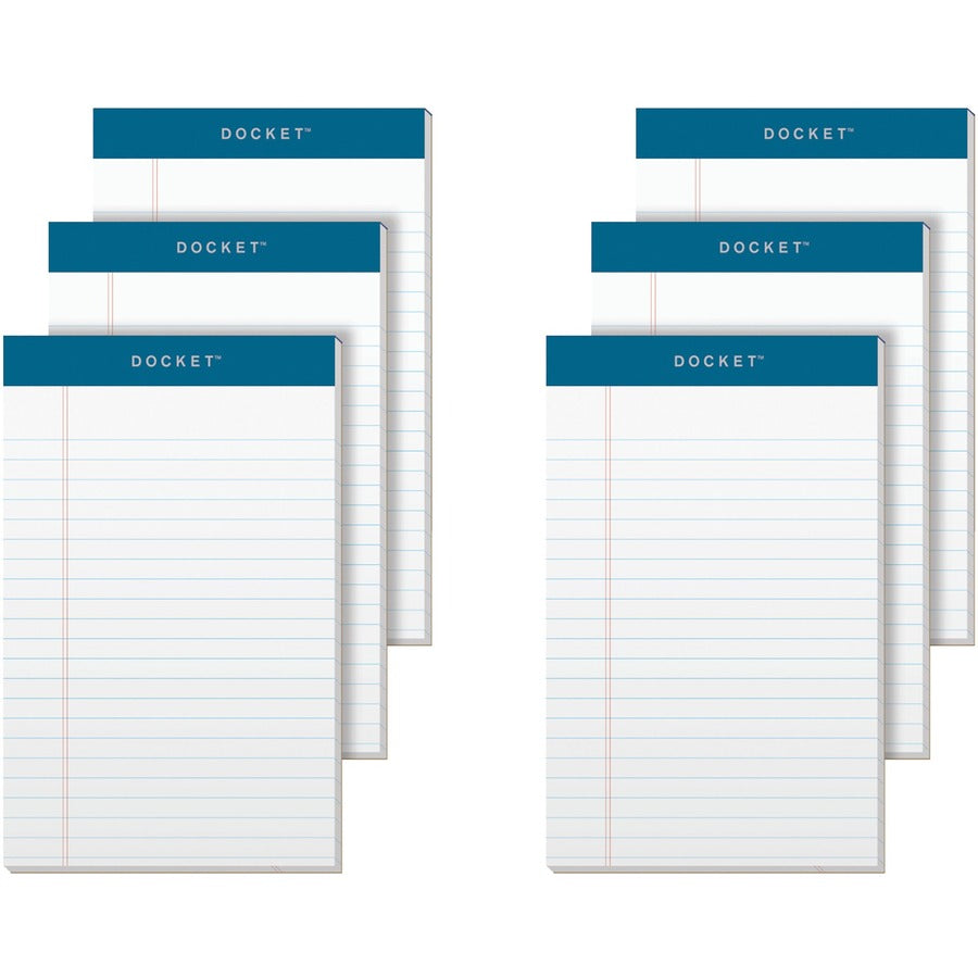 TOPS Docket Narrow Rule Writing Tablet - 50 Sheets - Double Stitched - 16 lb Basis Weight - Jr.Legal - 5" x 8" Sheet Size - 8" Height x 5" Width - White Paper - Rigid, Heavyweight, Bleed Resistant, Perforated, Acid-free - 6 / Pack