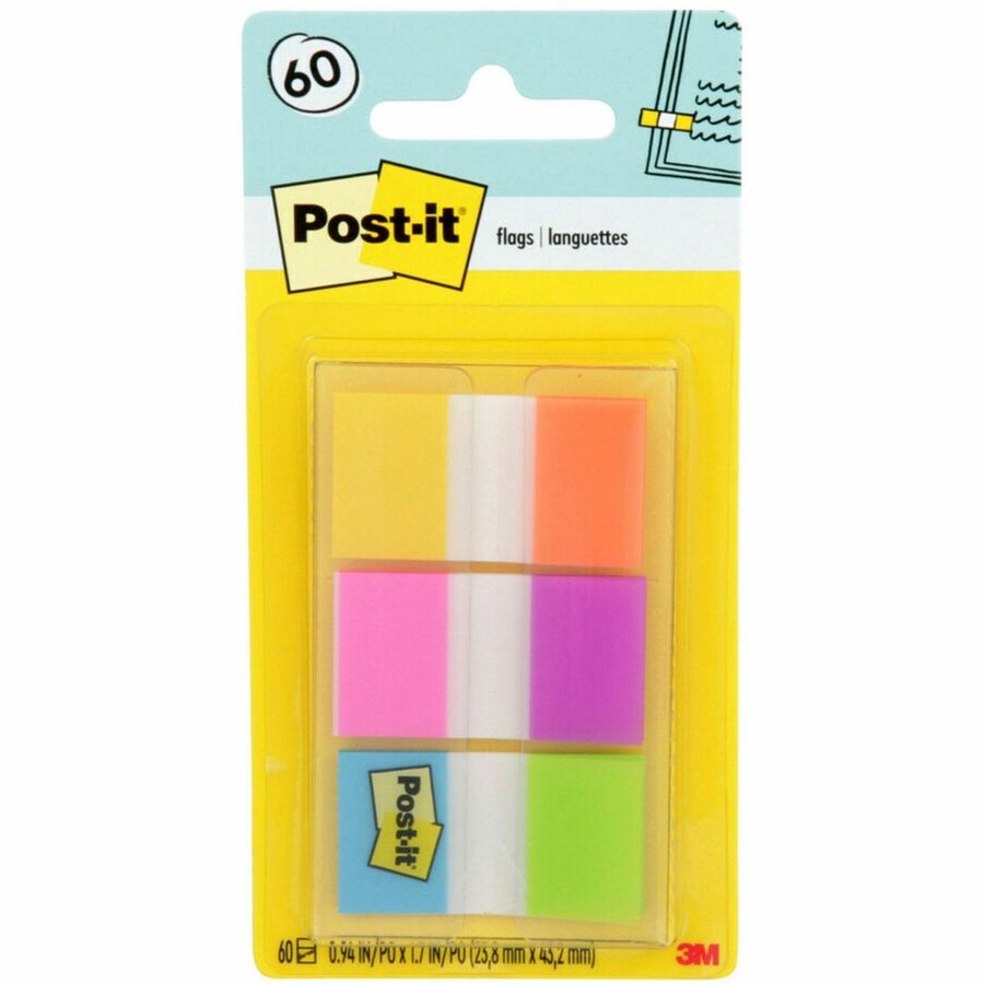 Post-it®, Flags - 60 - 1" Flag/Note Width x 1 3/4" Flag/Note Length - Rectangle - Unruled - Orange, Blue, Green, Pink, Yellow, Purple, Assorted - Reusable, Repositionable, Self-adhesive, Removable - Dispenser Included - 60 / Pack