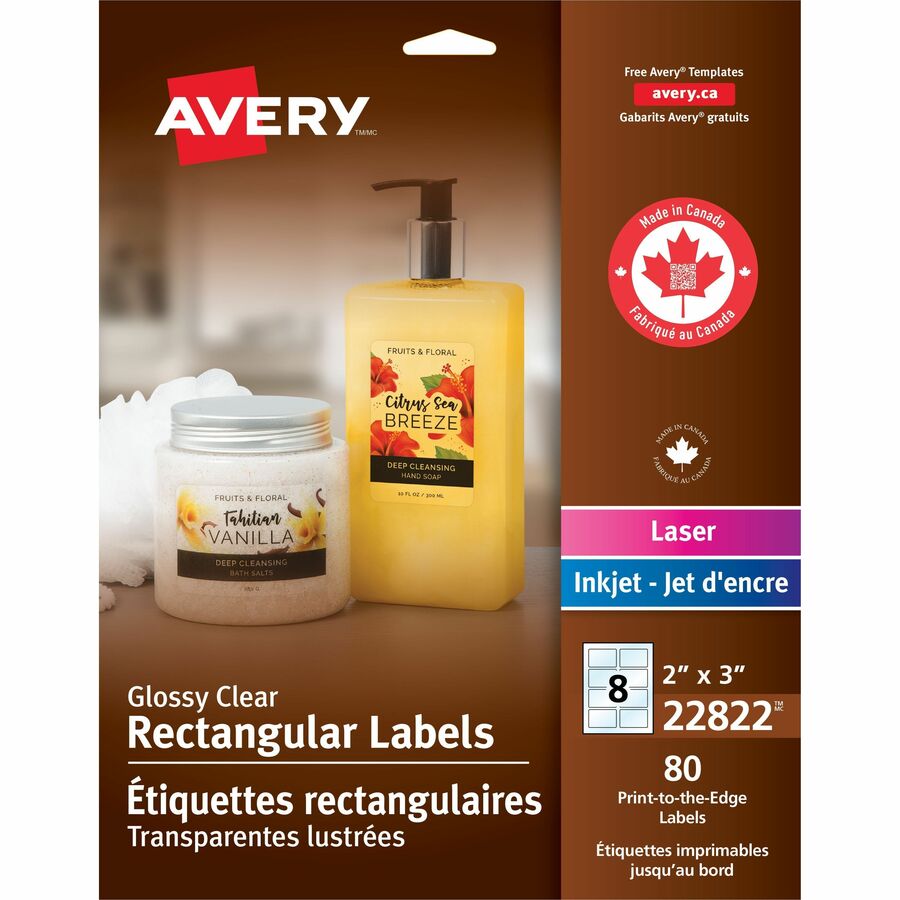 Avery Glossy Clear Rectangle Labels - - HeightPermanent Adhesive - Rectangle - Laser, Inkjet - Glossy Clear, Transparent - Film - 8 / Sheet - 80 / Pack