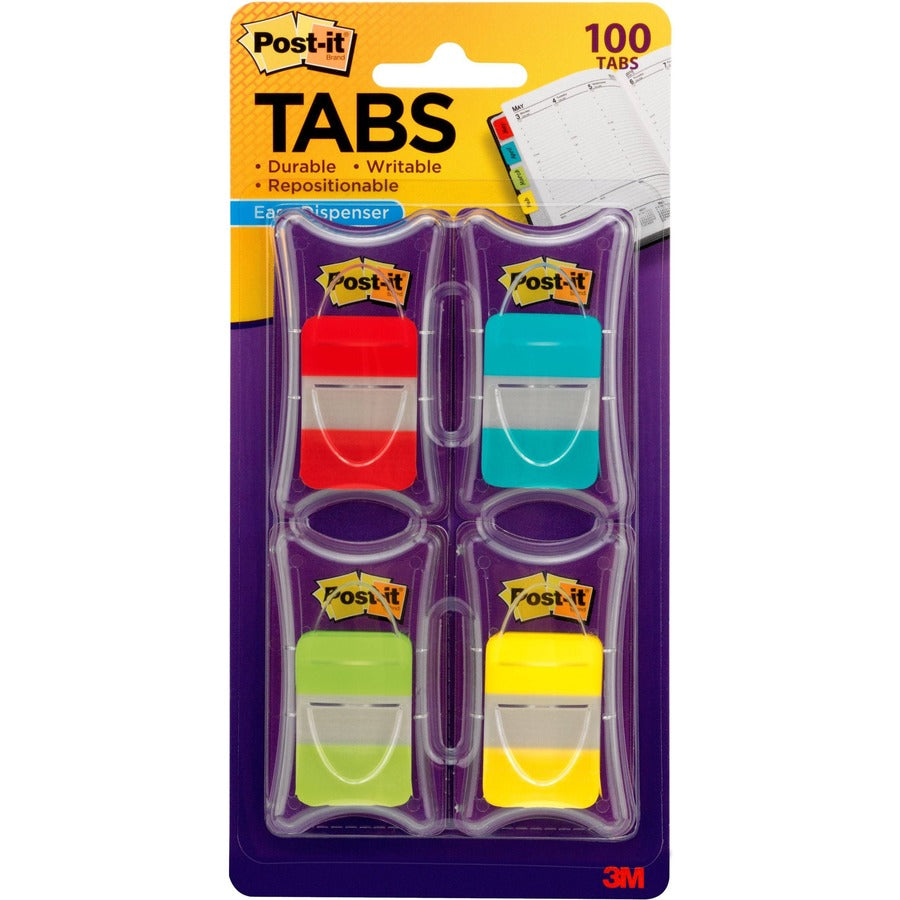 Post-it®, Tabs - 100 Write-on Tab(s) - 1" Tab Height x 1.50" Tab Width - Red, Blue, Green, Yellow Tab(s) - Tear Resistant, Wear Resistant, Repositionable, Durable - 100 / Pack