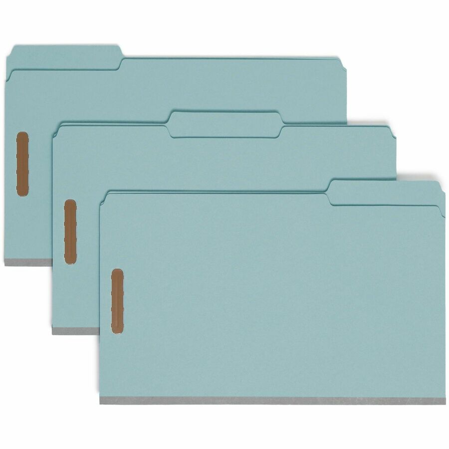 Smead 1/3 Tab Cut Legal Fastener Folder - 9 1/2" x 14 5/8" - 1" Expansion - 2 x 2K Fastener - Folder - Assorted Tab Position - 1 Plys - Pressboard - Blue - Eco-friendly, Heavy Duty, Dye-free - 100% Recycled - 25 / Box