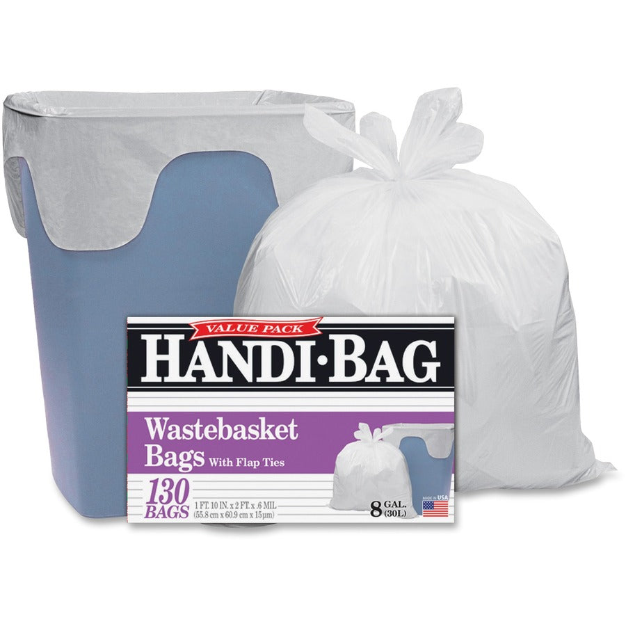 Berry Handi-Bag Wastebasket Bags - Small Size - 8 gal Capacity - 24" Length x 21.50" Width x 0.60 mil (15 Micron) Thickness - White - Hexene Resin - Home, Office - 130 / Box