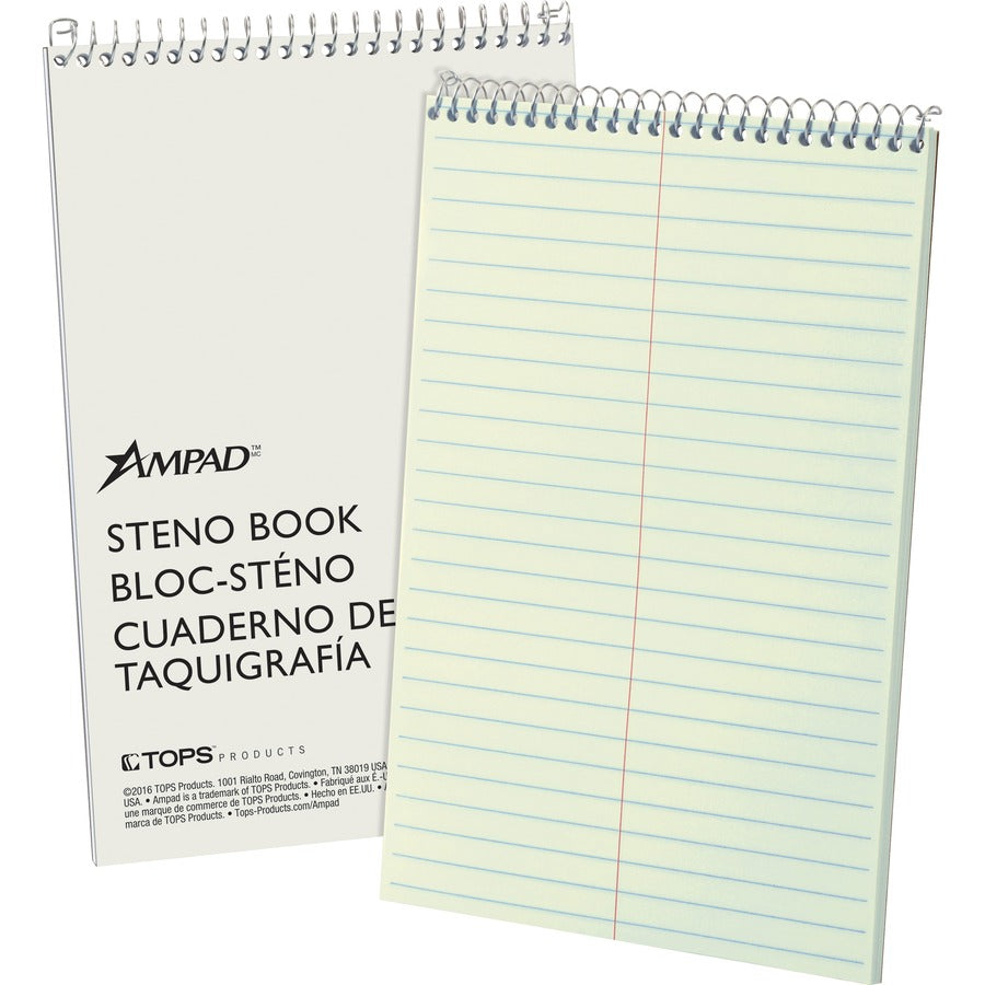 Ampad Kraft Cover Steno Book - 80 Sheets - Wire Bound - Front Ruling Surface - 0.34" Ruled - Gregg Ruled Margin - 15 lb Basis Weight - 6" x 9" Sheet Size - Green Tint Paper - Kraft Cover - Chipboard Backing, Rigid, WireLock, Snag Resistant, Sturdy Cove...