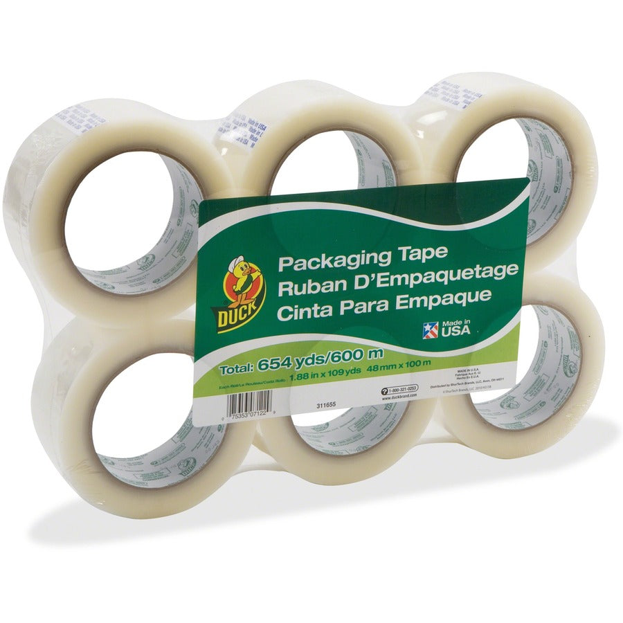Duck Brand Standard-Grade Packing Tape - 109.30 yd Length x 1.88" Width x 1.9 mil Thickness - Clear - Acrylic Backing - Water Resistant - For Packing, Shipping - 6 / Pack