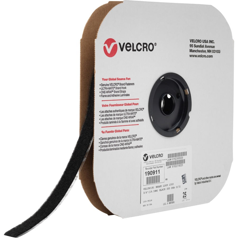 VELCRO®, 190911 Industrial Industrial - Loop 1000 - 25 yd Length x 0.75" Width - Black - For Indoor, Outdoor - 1 Roll