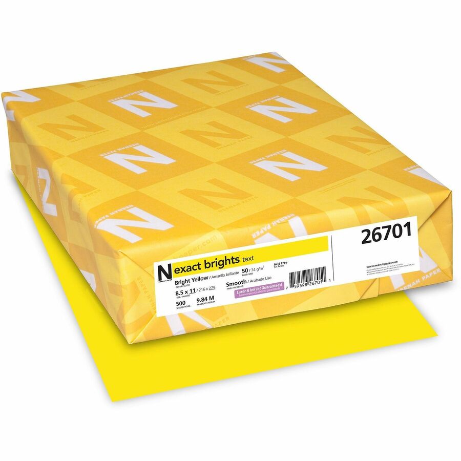 Exact Brights, Smooth Colored Paper - Yellow - Letter - 8 1/2" x 11" - 50 lb Basis Weight - Smooth - Printable, Lignin-free, Acid-free - Bright Yellow - 500 / Pack