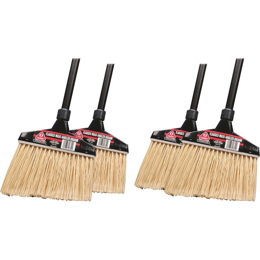 O-Cedar Commercial MaxiPlus Professional Angle Broom - Polystyrene, Synthetic, Polyethylene Terephthalate (PET) Bristle - 14" Brush Face - 48" Handle Length x 0.94" Handle Diameter - Metal Handle - Natural, Black - 4 / Carton