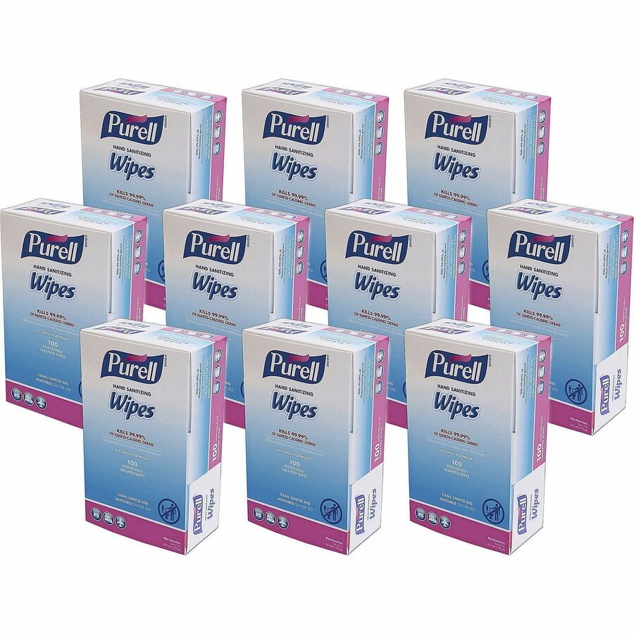 PURELL, On-the-go Sanitizing Hand Wipes - 5" Width x 7" Length - Clear - 100/Box - 10 / Carton