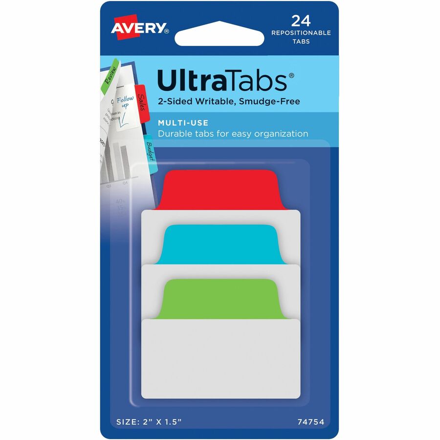 Avery®, 2" Multi-use Ultra Tabs - 24 Tab(s) - 1.50" Tab Height x 2" Tab Width - Removable - Red Film, Clear Paper, Blue, Green Tab(s) - PVC-free, Repositionable, Sturdy, Durable, Reusable, Double-sided, Writable, Smudge Resistant, Residue-free - 24...