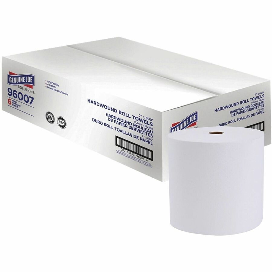 Genuine Joe Solutions 1-ply Hardwound Towels - 1 Ply - 7" Width x 600 ft Length - 63/64" Core - White - Virgin Fiber - 6 / Carton