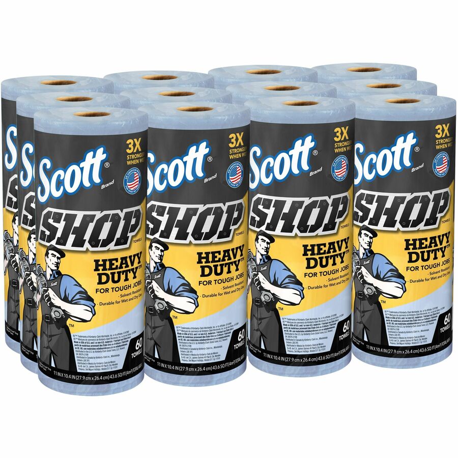 Scott Heavy Duty Shop Towels - 11" Width x 10.40" Length - 60 Sheets/Roll - Blue - Hydroknit - 1 Carton