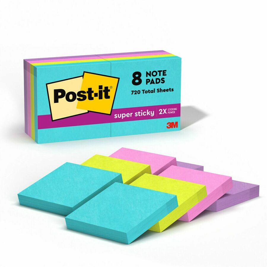 Post-it®, Super Sticky Notes - Supernova Neons Color Collection - 720 x Multicolor - 2" Flag/Note Width x 2" Flag/Note Length - Rectangle - 90 Sheets per Pad - Aqua Splash, Acid Lime, Tropical Pink, Iris Infusion - Paper - Self-adhesive, Recyclable...