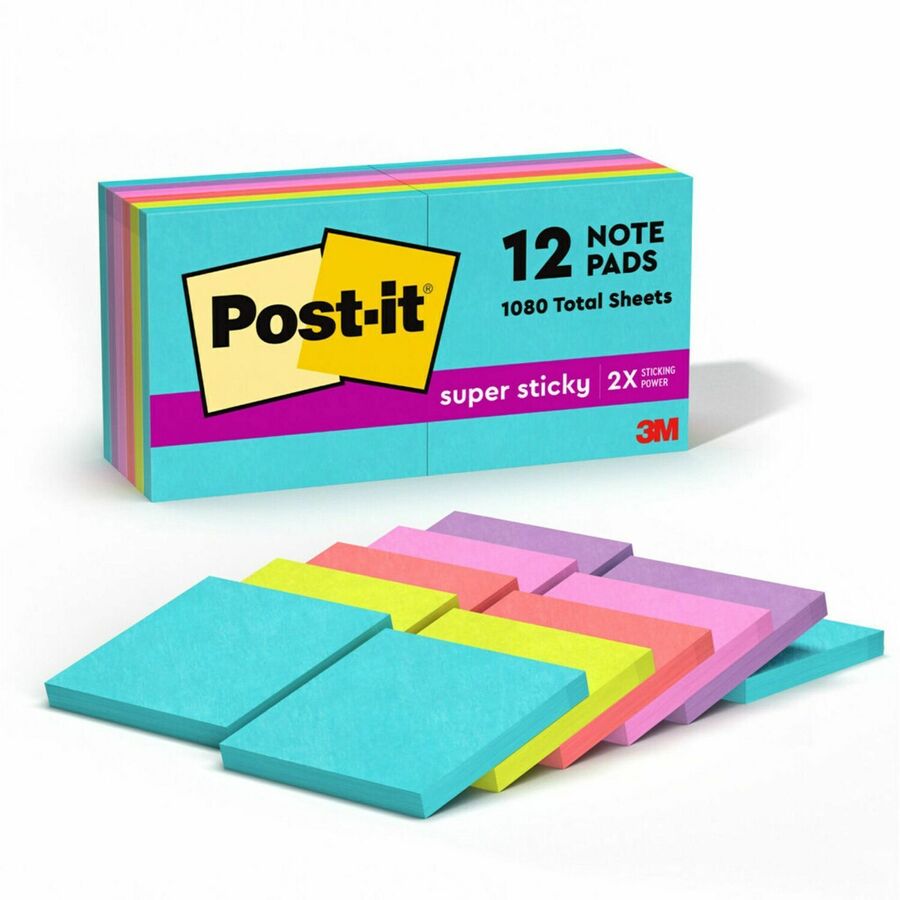 Post-it®, Super Sticky Notes - Supernova Neons Color Collection - 1080 x Multicolor - 3" Flag/Note Width x 3" Flag/Note Length - Rectangle - 90 Sheets per Pad - Aqua Splash, Tropical Pink, Acid Lime, Guava, Iris Infusion - Paper - Self-adhesive, Rec...