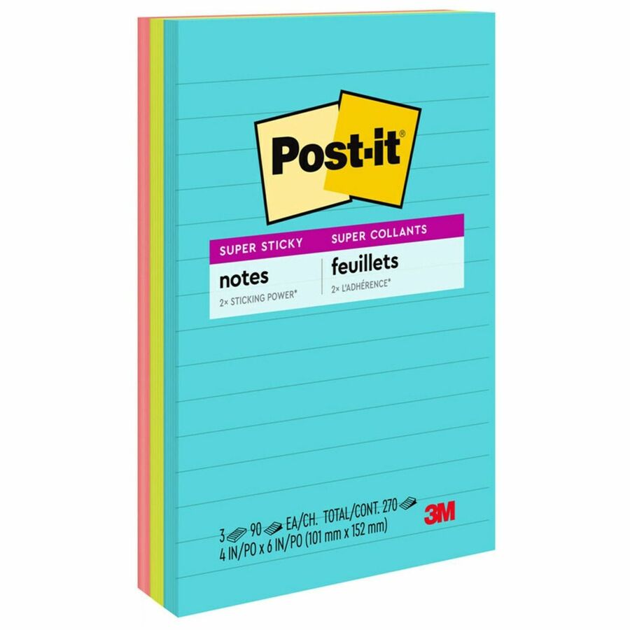 Post-it, Super Sticky Notes - Supernova Neons Color Collection - 270 x Multicolor - 4" Flag/Note Width x 6" Flag/Note Length - Rectangle - 90 Sheets per Pad - Ruled - Aqua Splash, Acid Lime, Guava - Paper - Self-adhesive, Recyclable - 3 / Pack