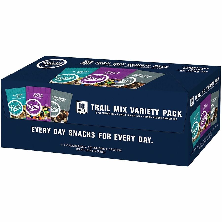 Kar's Nut and Fruit Variety Pack - Cholesterol-free, Fat-free - Fruit and Nut, Peanut, Almond, Mango, Banana, Date, Sunflower Kernel, Raisin - 1 Serving Bag - 2.75 oz - 18 / Box